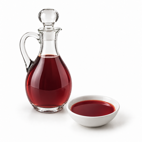 Cranberry pear balsamic vinegar in a clear glass serving cruet and white tasting bowl