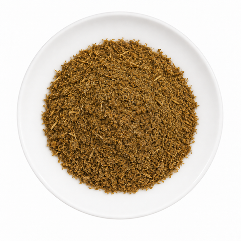 Cumin Seed, powder dry product on a plain white plate against a white background