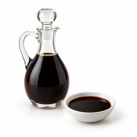 Dark balsamic vinegar in a clear glass serving cruet and white tasting bowl