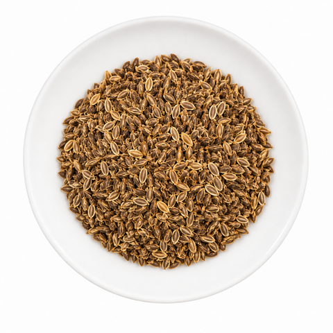 Dill Seed dry product on a plain white plate against a white background