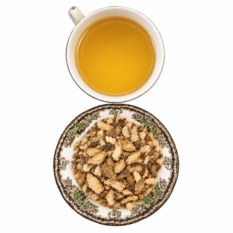 Dong Quai Root Organic dry product and prepared infusion on a white background