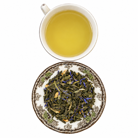 Earl Grey Green Tea loose-leaf tea with brewed tea on a white background