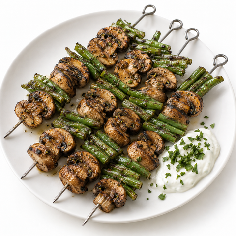 Green Bean & Mushroom Vegetable Skewers with Eleia Greek Olive Oil — recipe serving suggestion