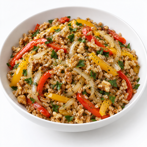 Pepper & Onion Farro Salad with Favolosa Extra Virgin Olive Oil — recipe serving suggestion