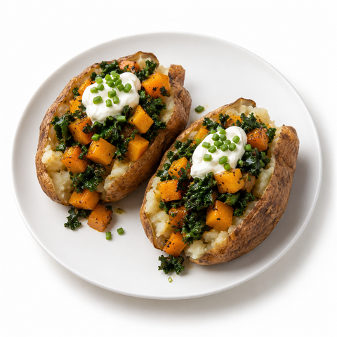 Butternut Squash & Kale Loaded Baked Potatoes with Fig Balsamic Reserve Vinegar — serving suggestion