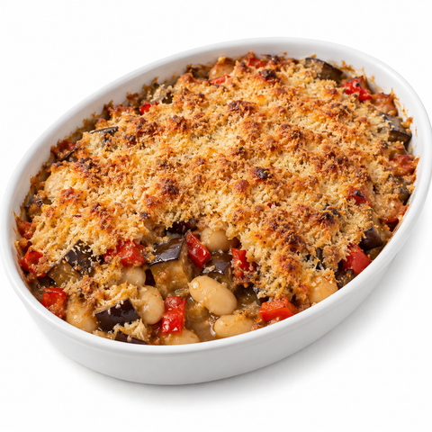 Eggplant & Pepper Butter Bean Gratin with Fig Balsamic Vinegar — recipe serving suggestion