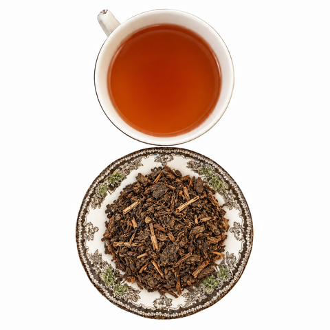 Formosa Oolong loose-leaf tea with brewed tea on a white background