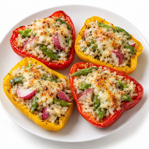 Radish & Snap Pea Stuffed Pepper Boats with Frantoio Extra Virgin Olive Olive — recipe serving suggestion