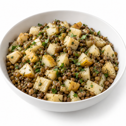 Parsnip & Pear Lentil Bowl with Garlic Olive Oil — recipe serving suggestion
