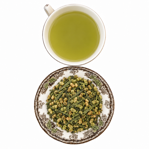 Gen Mai Matcha dry tea and prepared tea on a white background