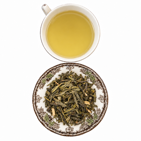 Ginseng Green Tea loose-leaf tea with brewed tea on a white background