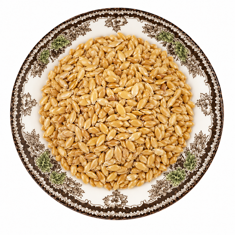 Golden Flax Seeds, Organic dry product on a floral transferware plate against a white background