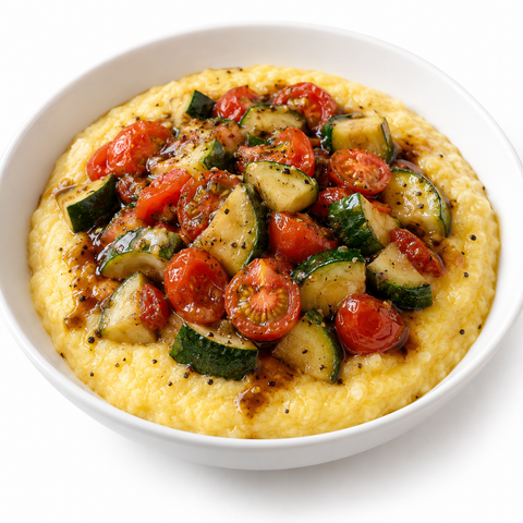 Zucchini & Tomato Creamy Polenta Bowls with Green Apple Balsamic — recipe serving suggestion