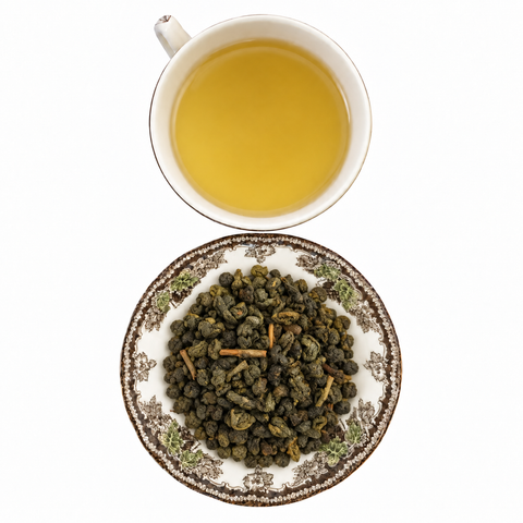 Gunpowder Green Tea loose-leaf tea with brewed tea on a white background
