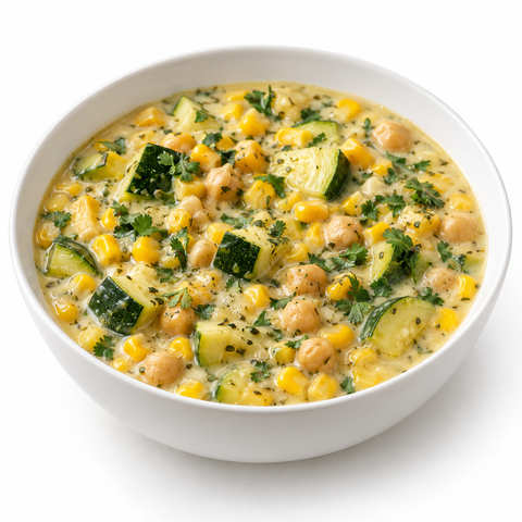 Corn & Zucchini Coconut Vegetable Stew with Habanero Olive Oil — recipe serving suggestion