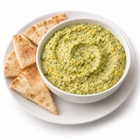 Broccoli & Corn Roasted Vegetable Dip with Harisa Extra Virgin Olive Oil — recipe serving suggestion