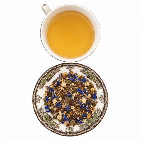 Heritage Reserve loose-leaf tea with brewed tea on a white background