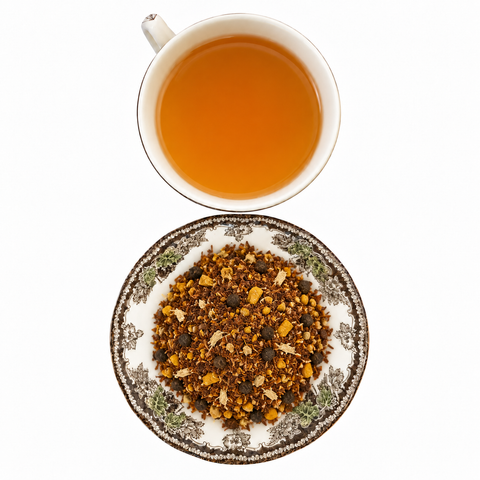 Honey Turmeric dry tea and prepared tea on a white background