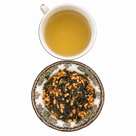 Imperial Gyokuro Genmaicha, Organic loose-leaf tea with brewed tea on a white background