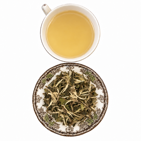 Imperial Pai Mu Tan White Peony loose-leaf tea with brewed tea on a white background