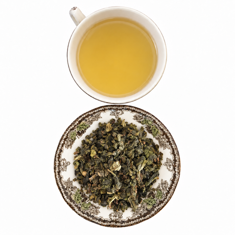 Iron Goddess Of Mercy loose-leaf tea with brewed tea on a white background