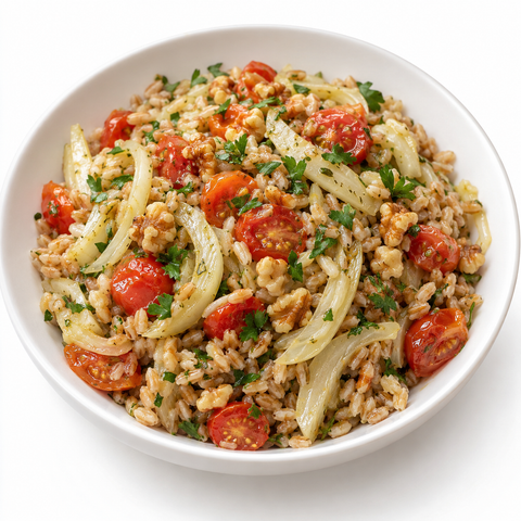 Fennel & Tomato Farro Salad with Italian Herb Evoo — recipe serving suggestion