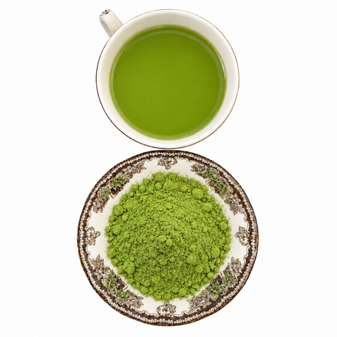 Izu Premium Matcha dry tea and prepared tea on a white background