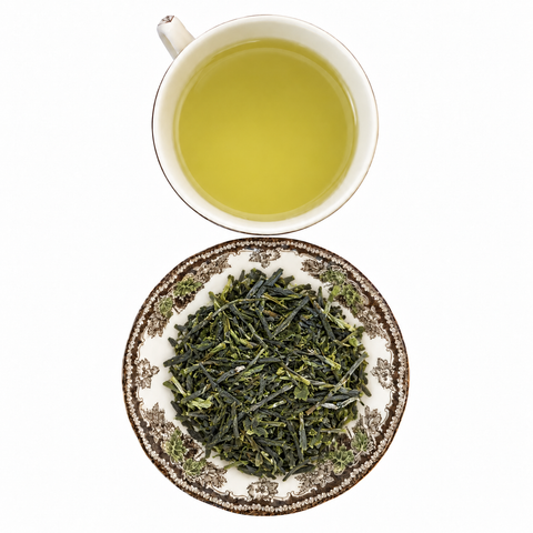 Jade Gyokuro Organic loose-leaf tea with brewed tea on a white background