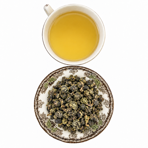 Jade Oolong loose-leaf tea with brewed tea on a white background