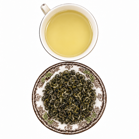 Jasmine Dong Ting Bi Luo Chun dry product and prepared infusion on a white background