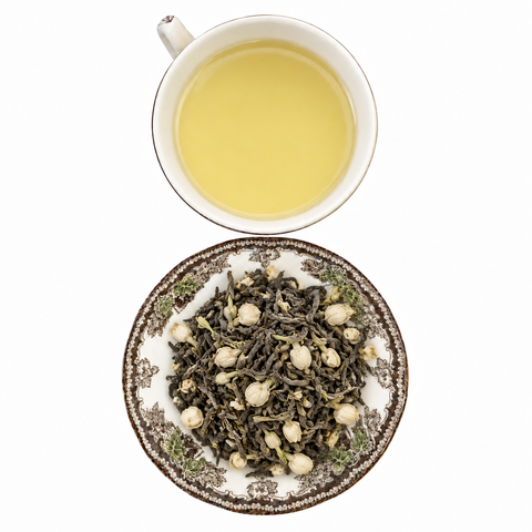 Jasmine Grade 1 loose-leaf tea with brewed tea on a white background