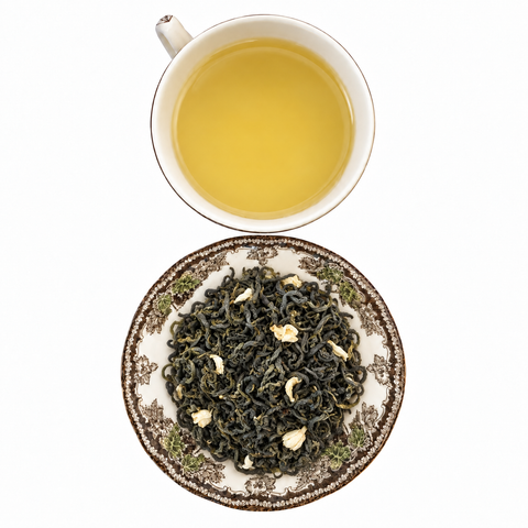 Jasmine Jade, Organic loose-leaf tea with brewed tea on a white background