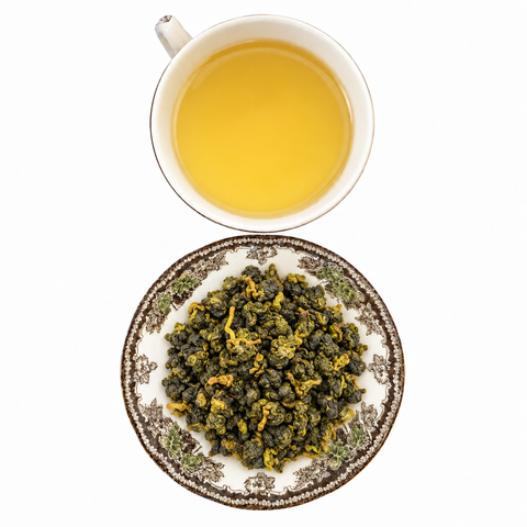 Jasmine Mei Shan Jin Xuan Oolong loose-leaf tea with brewed tea on a white background