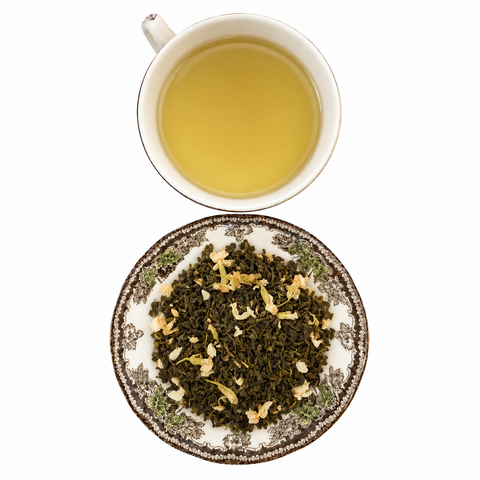 Jasmine Minhou, Decaf loose-leaf tea with brewed tea on a white background