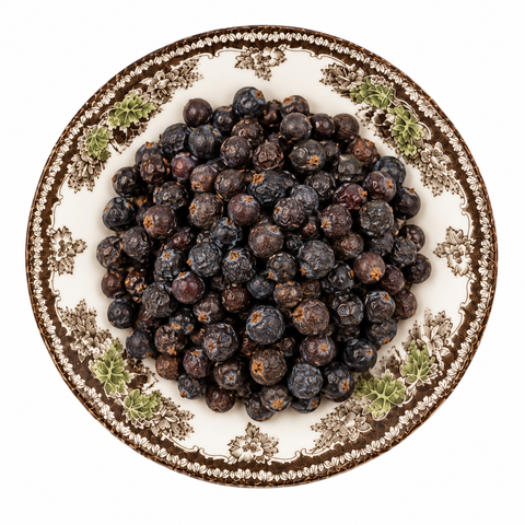Juniper Berry dry product on a floral transferware plate against a white background