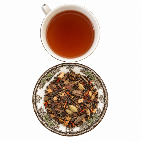 Just Strength loose-leaf tea with brewed tea on a white background