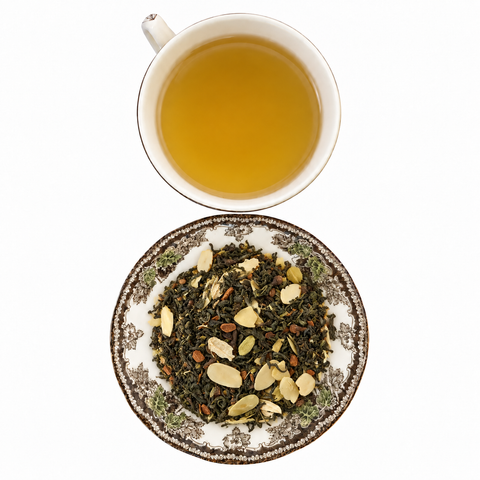 Kashmiri Green Chai loose-leaf tea with brewed tea on a white background