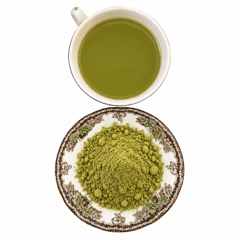 Lavender Matcha, Organic dry tea and prepared tea on a white background