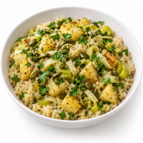 Potato & Leek Quinoa Bowl with Lemon Extra Virgin Olive Oil — recipe serving suggestion