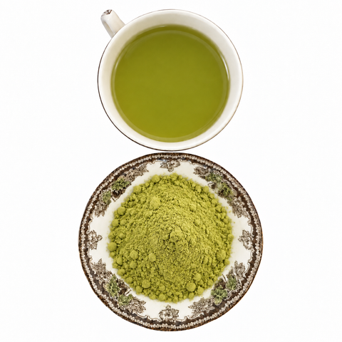 Lemon Matcha - 2 Ounce dry tea and prepared tea on a white background