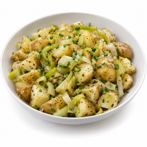 Potato & Leek Warm Potato Salad with Lemon Olive Oil — recipe serving suggestion