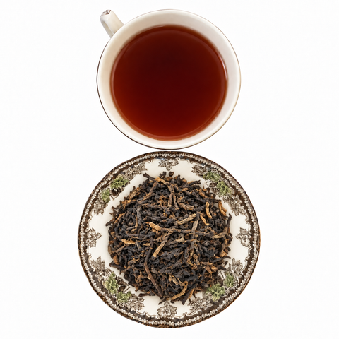Liu Bao Dark loose-leaf tea with brewed tea on a white background