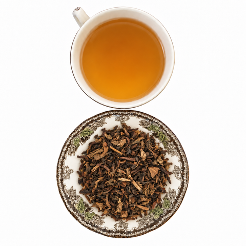 Marzipan Oolong loose-leaf tea with brewed tea on a white background
