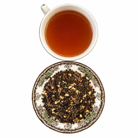 Masala Chai Decaf loose-leaf tea with brewed tea on a white background
