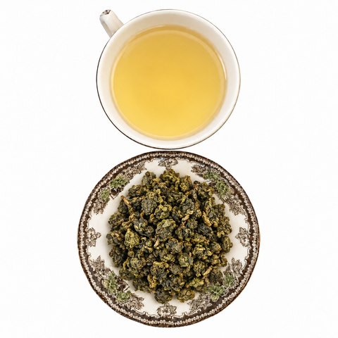 Milky Oolong Organic loose-leaf tea with brewed tea on a white background