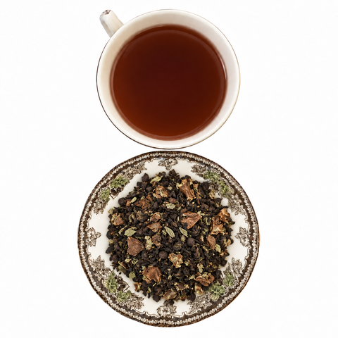 Mint Chip Fudge loose-leaf tea with brewed tea on a white background
