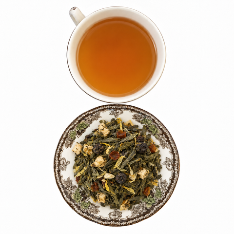 Moms Blueberry Peach Cobbler loose-leaf tea with brewed tea on a white background