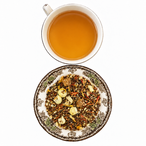 NC State Fair Kettle Corn dry tea and prepared tea on a white background