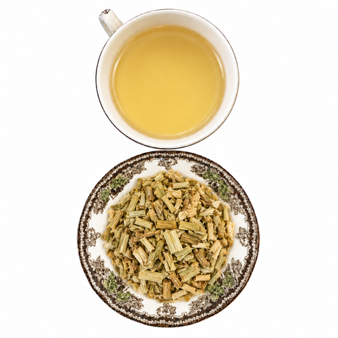 Oatstraw Organic dry product and prepared infusion on a white background