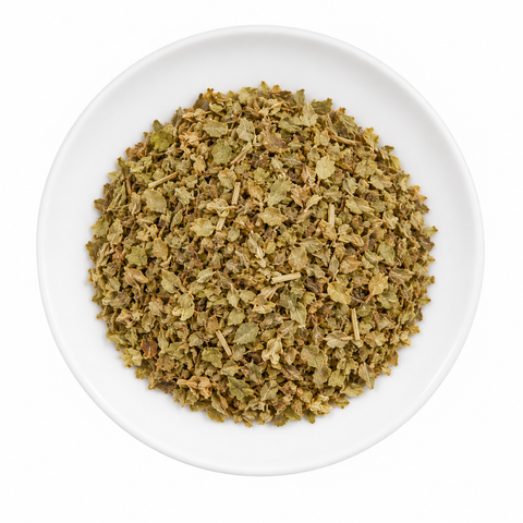 Oregano (Greek) c/s dry product on a plain white plate against a white background